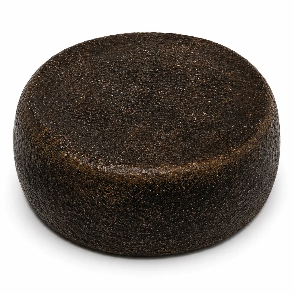 Formaggio nero artigianale intero affinato con crosta scura naturale e stagionatura tradizionale