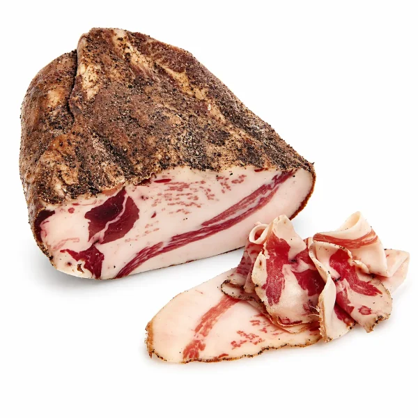 guanciale di cinta senese stagionato al pepe intero e affettato