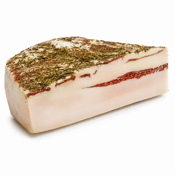 Lardo di Cinta Senese artigianale stagionato con rosmarino e aromi naturali, specialità toscana a trancio