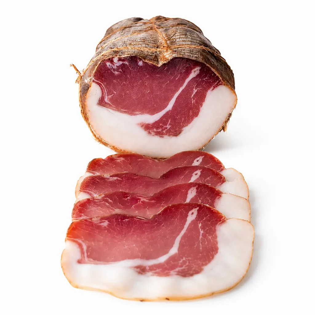 Lombetto stagionato artigianale con grasso stagionato affettato