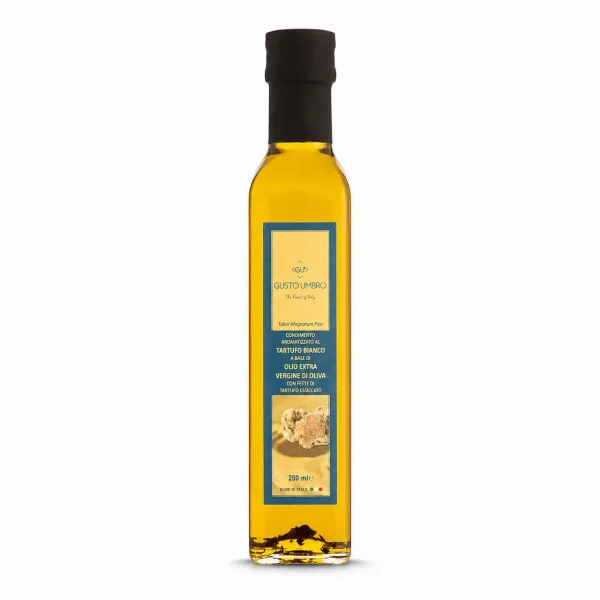 Olio aromatizzato al tartufo bianco con fettine di tartufo in bottiglia da 250 ml