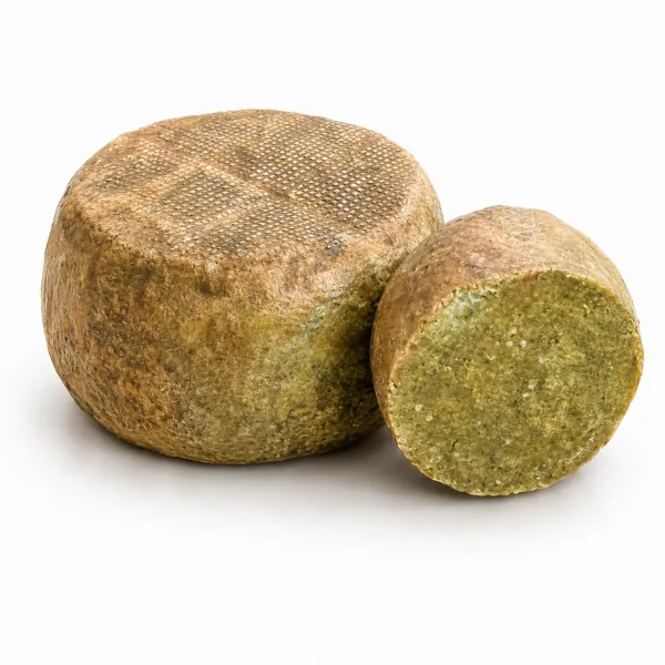 Pecorino di fossa con tartufo in forma piccola con sezione interna, formaggio di pecora stagionato dal gusto intenso e aromatico.