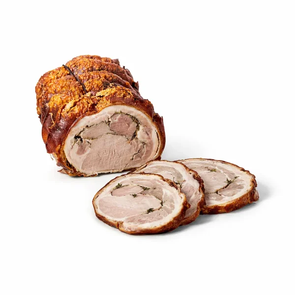 porchetta romana artigianale arrosto con crosta croccante e fette tagliate
