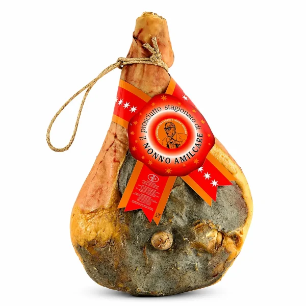 Prosciutto crudo stagionato con osso “Nonno Amilcare”, salume artigianale italiano di alta qualità, con stagionatura naturale e crosta tradizionale