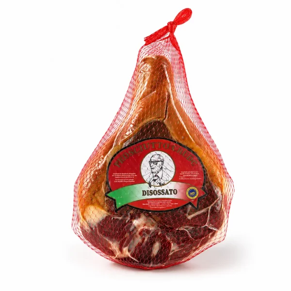 Prosciutto crudo stagionato con osso “Nonno Amilcare”, salume artigianale italiano di alta qualità, con stagionatura naturale e crosta tradizionale