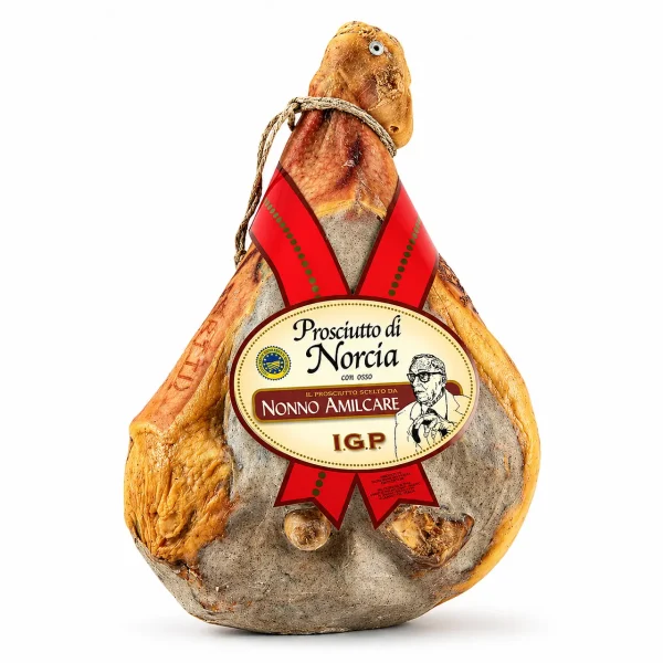Prosciutto di Norcia IGP con osso intero, salume umbro stagionato minimo 12 mesi, lavorazione artigianale italiana