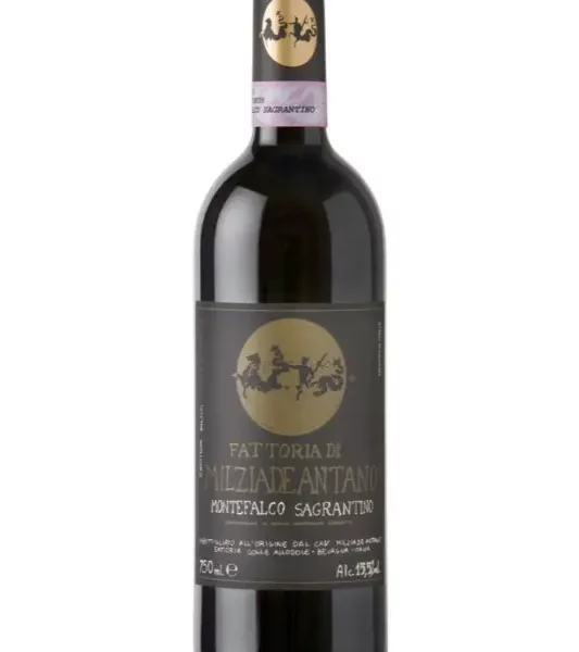 Bottiglia di Montefalco Sagrantino DOCG Milziade Antano con calice di vino rosso rubino
