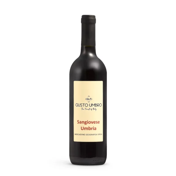 Bottigli di Vino Sangiovese Umbria in purezza di GustoUmbro, colore rosso vivace e gusto equilibrato, perfetto con pasta, carne e formaggi